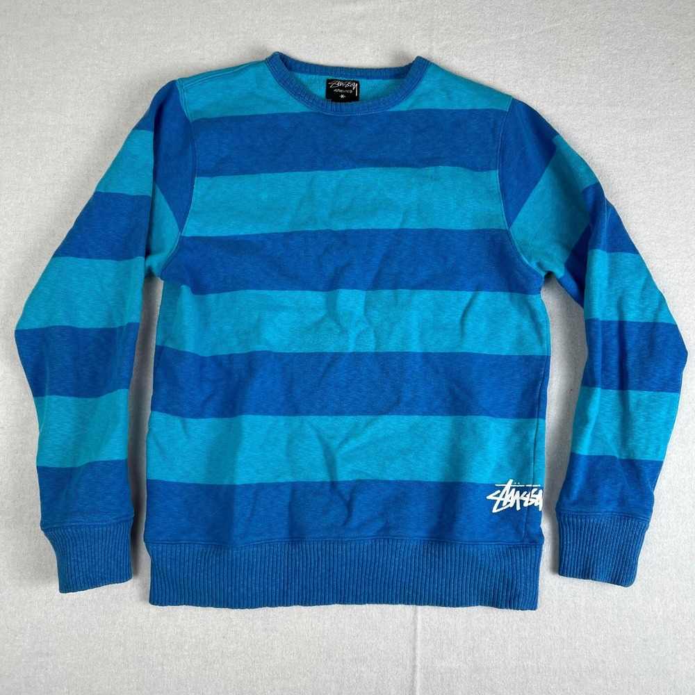 Stussy Mens Size Medium Blue Color Block Striped Cotton Crewneck Sweatshirt